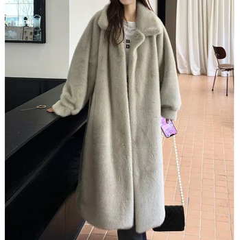 معطف فروي دافئ للسيدات لعام 2025 معطف طويل سميك للنساء بياقة مقلوبة قطع علوية بيج للنساء Casaco Feminino