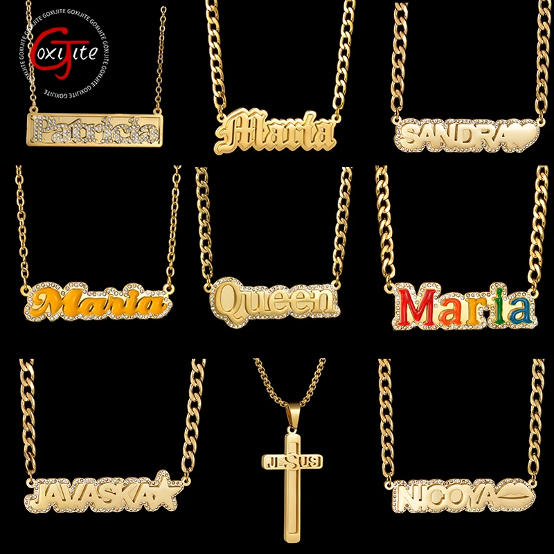 

Goxijite Custom Cross Name Pendant For Women Men Customized Colorful Letter Nameplate With Stone Cuban Chian Necklace Party Gift