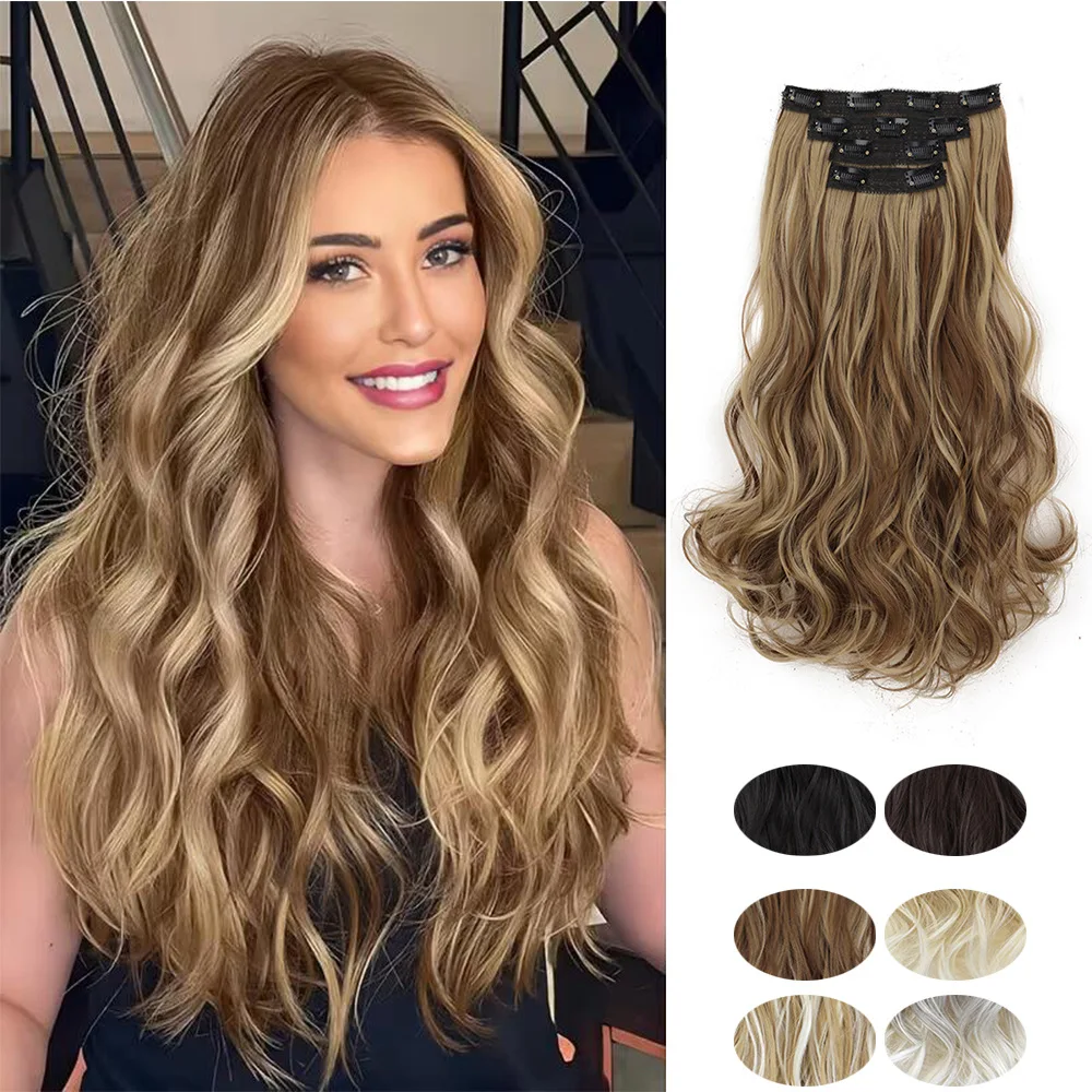 Synthetic Long Wavy Hair Extension Clips Set Four Pieces for Women Cosplay Daily Party Fashion Style Pear Flower Inspired