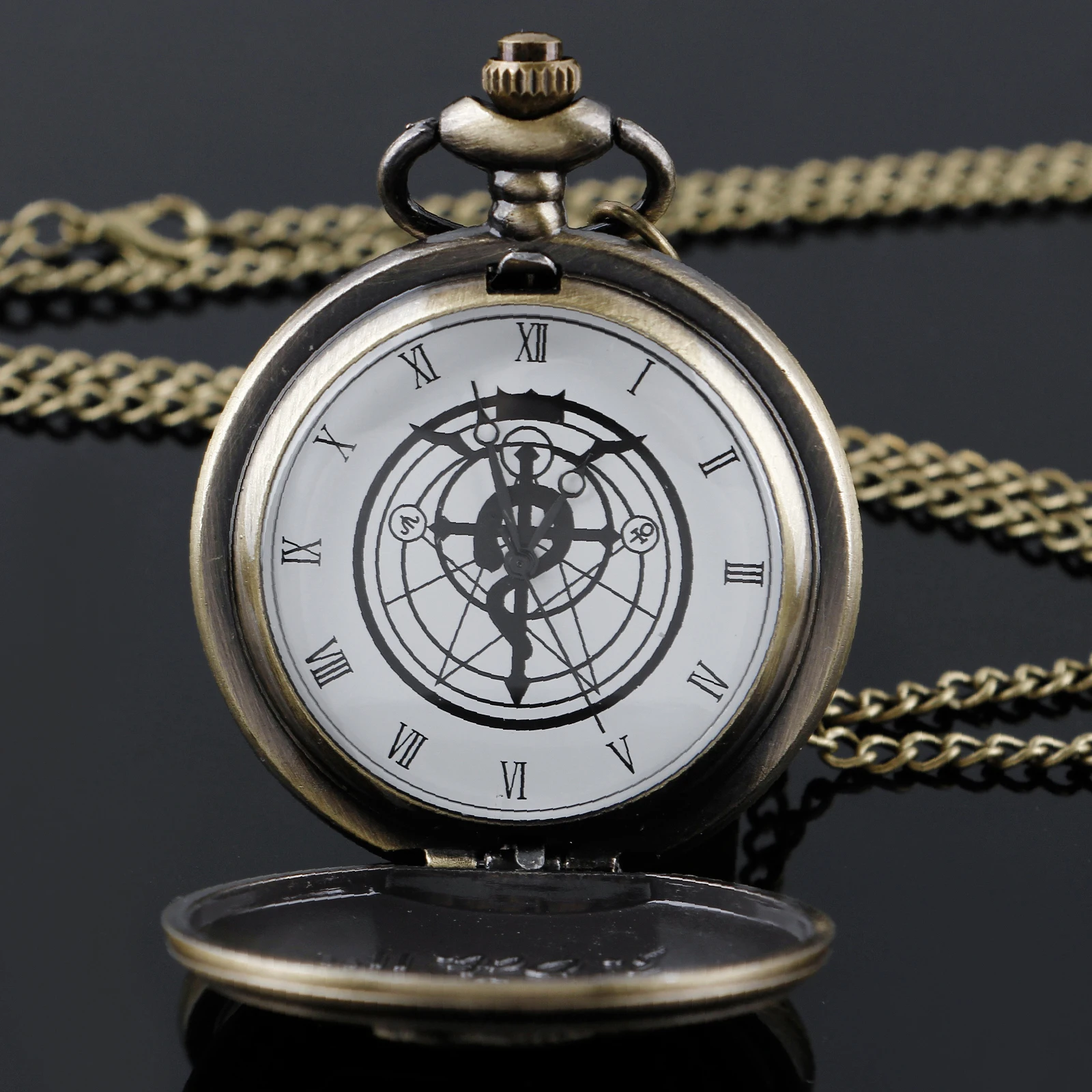 Orologio da tasca al quarzo serie Fullmetal Alchemist in bronzo vintage Orologio Steampunk Gioielli Collana con ciondolo Catena Regali per uomo Donna
