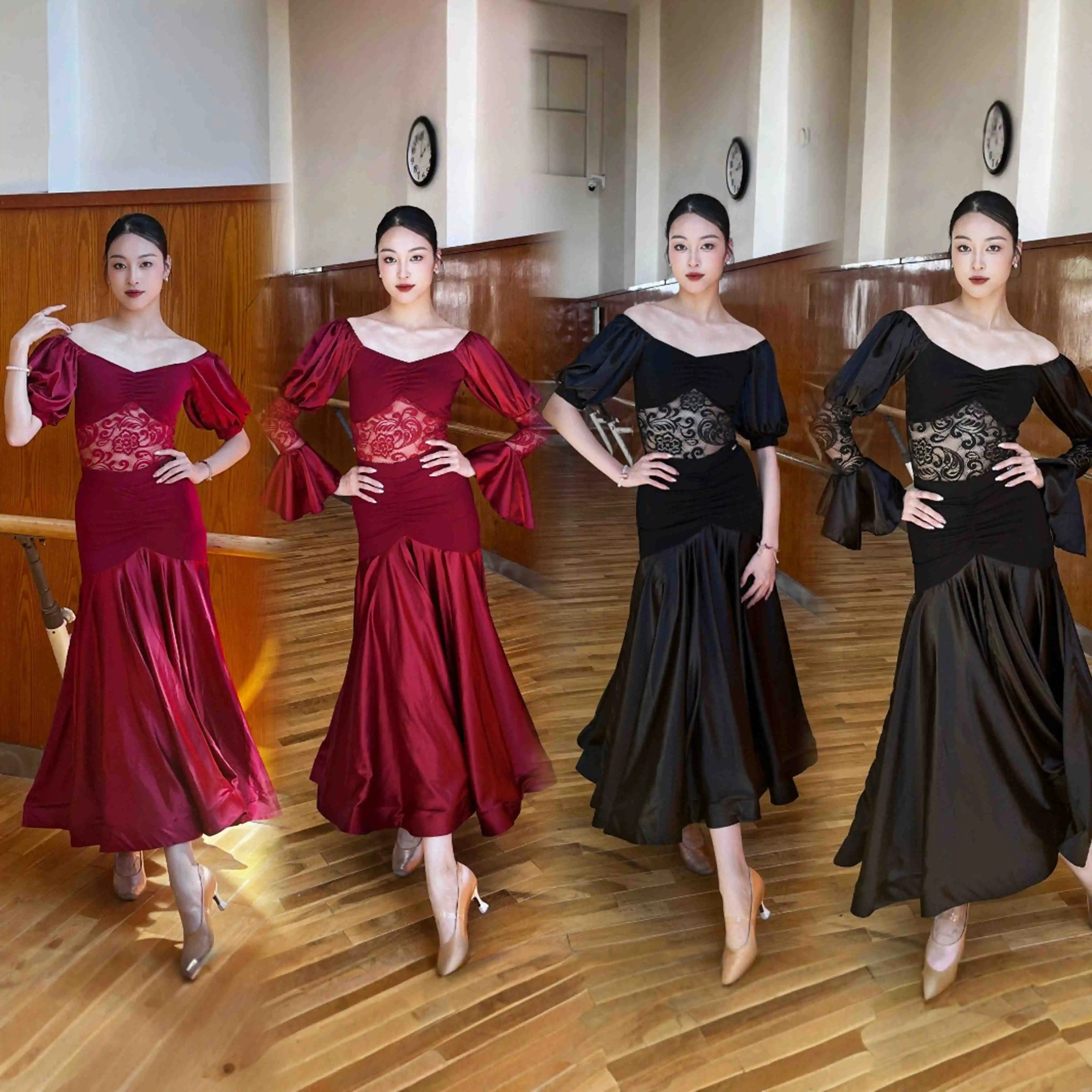 

2025 Ballroom Dance Dress Women Wine Red Black Lace Tops Satin Skirt Adult Waltz Performance Comstume Competition Dress DNV23272