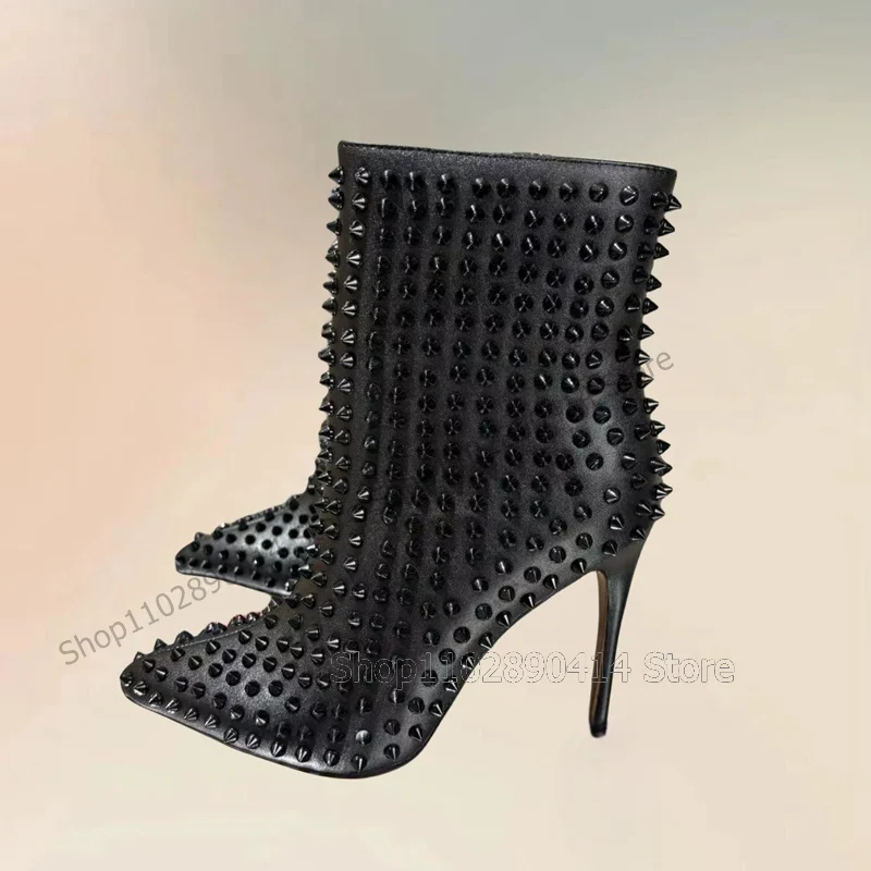 Black Rivets Decor Mid Calf Pointed Toe Boots Side Zipper Women Shoes Thin High Heels Fashion Banquet 2024 Zapatos Para Mujere