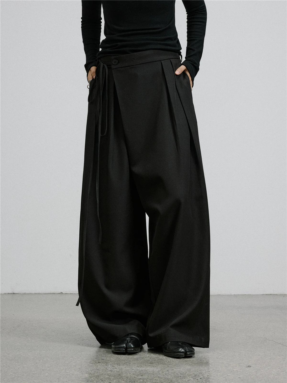 SUNYVONNE  Wide Leg Pants High Waist Sash Lazy Draped Suit Pants Minimalist Style Casual Trousers for Women