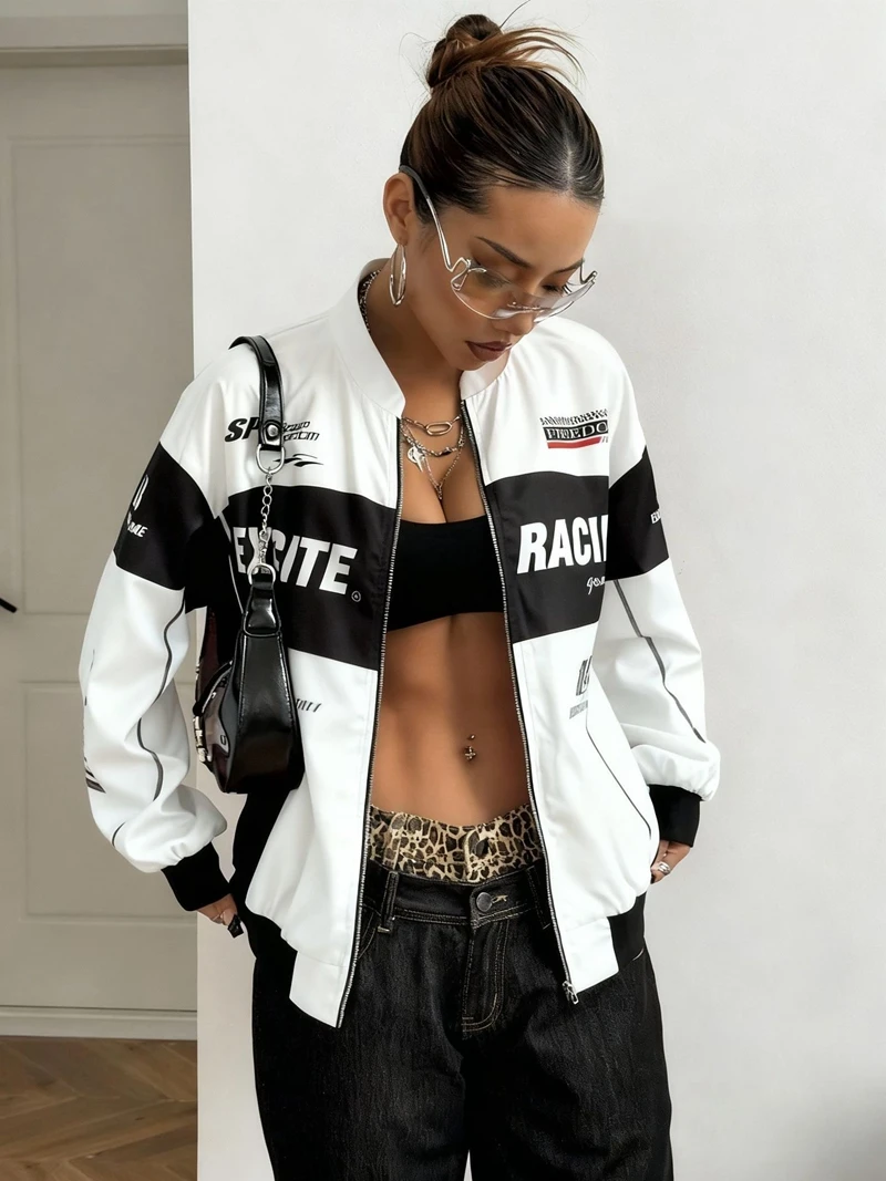 STYLISH LADY Letter Printed Biker Jackets 2025 Autumn Women Long Sleeve Zipper Casual Street Contrast Color Hip Hop Outwears