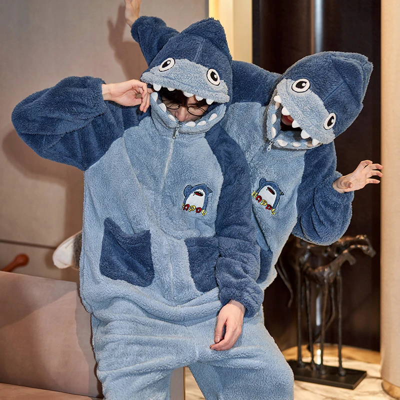 Kigurumis Winter Couples Pajamas Jumpsuits Onesie Women Men Thicken Sleepwear Nightwears Cartoon Shark Kawaii Pajamas Men