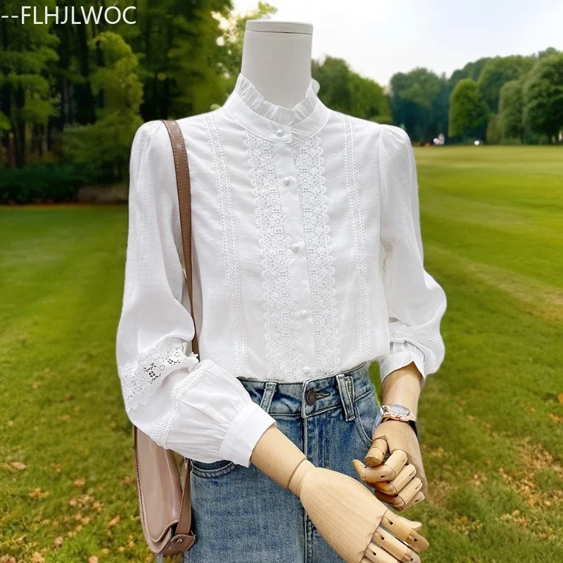 

Floral Hollow Out Crochet Lace Tops Blusas 2025 Cute Sweet Girls Chic Korea Clothes Stand Collar Retro Vintage Women White Shirt