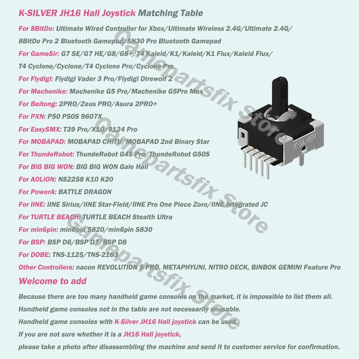 Gamesir G8、Flydigi Vader 3 Pro、8BitDo 2.4G/Machenike G5 Pro Hall 3Dアナログサムスティック用K-SILVER JH16ホールジョイスティック2個