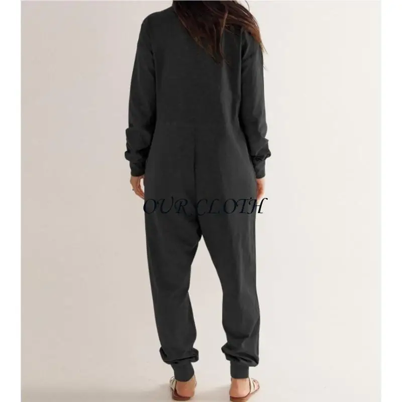 

Women's Casual Loose Long Sleeve Jumpsuit V Neck High Waist Romper with Pockets Y1AC