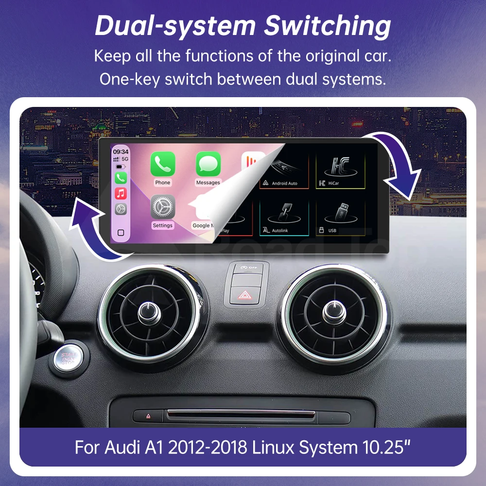 Schermo touchscreen Linux da 10,25/12,3" per Audi A1 2012-2018, sistema multimediale con CarPlay wireless e Android Auto, autoradio.