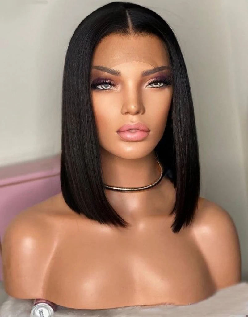 Peluca de cabello sintético con encaje Frontal para mujer, sin pegamento pelo negro, corte Bob corto, recto, fiesta