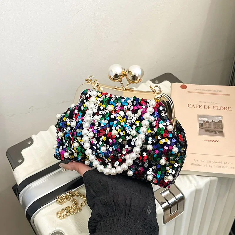 

Модная жемчужная сумка с блестками, женская сумка на плечо с универсальной пряжкой-зажимом, модный дизайн в виде ракушки для всех сезонов