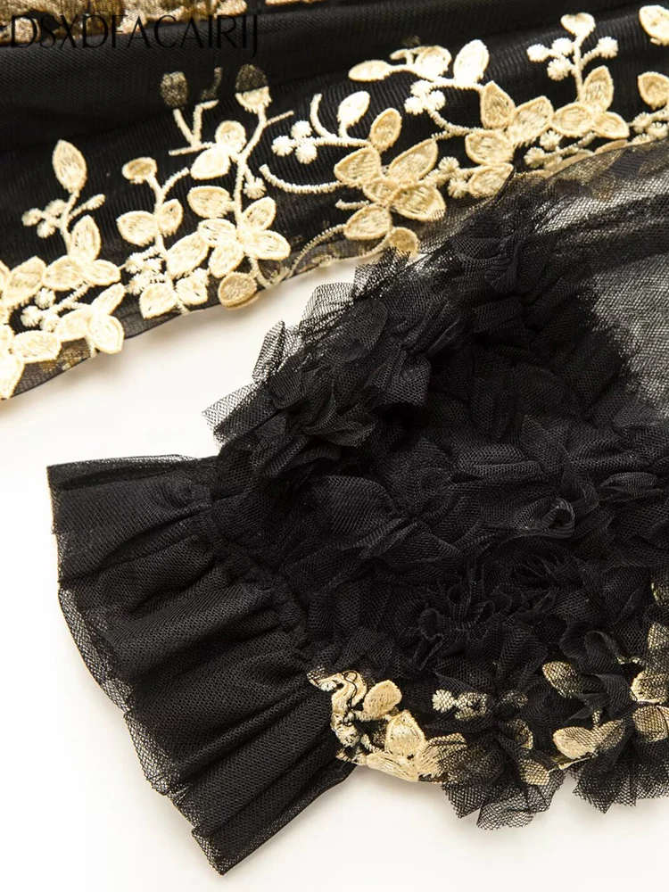 DSXDFACAIRIJ فستان ماكسي شبكي مطرز بالزهور للنساء بياقة واقفة وأكمام واسعة وكشكشة فساتين عتيقة موضة الخريف للسيدات