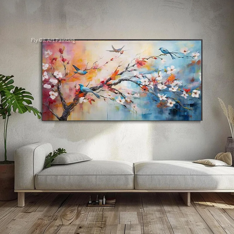 Beautiful Art Hand Painted Orange White Flowers Tree Landscape Blue Bird Canvas Oil Painting For Home Wall Decor New Gifts