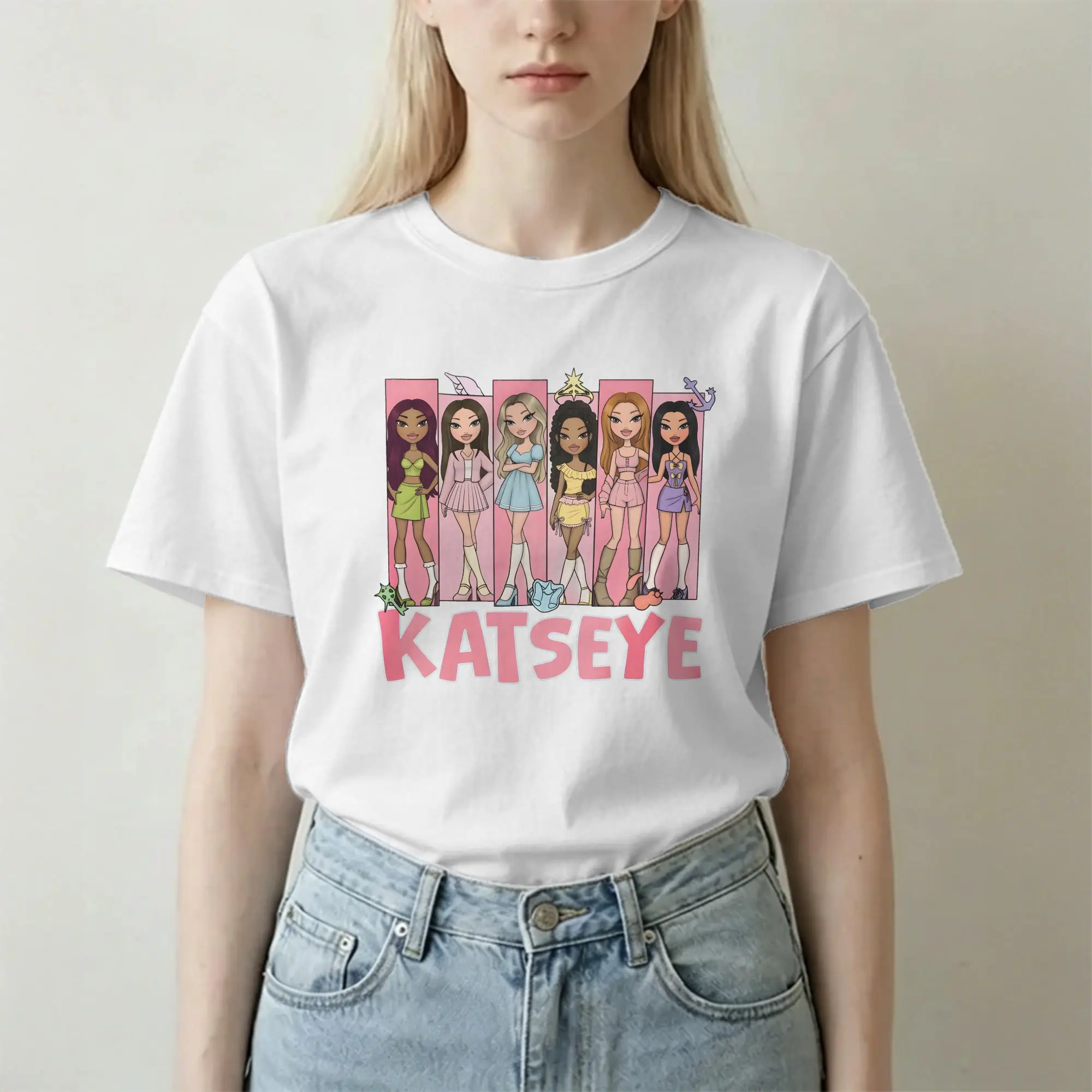 Camiseta Katseye Kpop Idol para Homens e Mulheres, Camiseta Divertida de Grupo de Meninas em Estilo Cartoon, Camisetas de Manga Curta com Gola Redonda