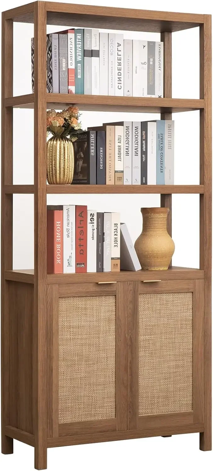 Bookshelf 5 Tier Rattan Boho Tall Bookcase with Doors Storage Wood Shelves Large Farmhouse Bookcases Library Book Case for Livin