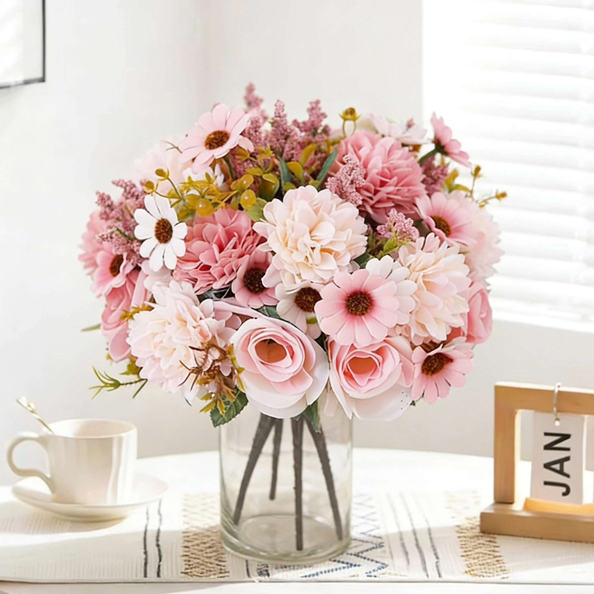 Kahaul 2 Stück künstliche Hybridblume, Seide, Rose, Gänseblümchen, Hochzeit, Party, Hintergrund, Zubehör, Hausgarten, Vase, Tischdekoration, Weihnachten