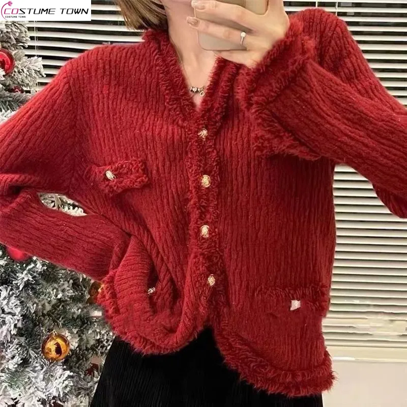 

2024 Autumn/Winter Korean Edition New Solid Color V-neck Small Fragrant Style Knitted Cardigan Sweater