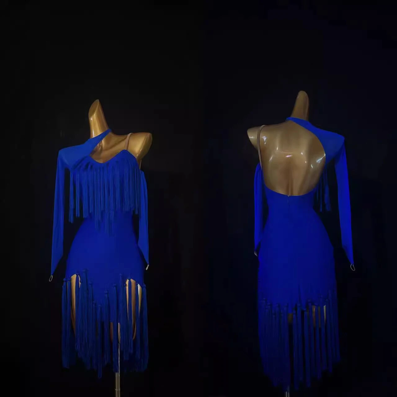 

Костюм для латинских танцев со стразами для женщин, взрослых и детей, высококачественное синее платье для выступлений самбы с длинными рукавами по индивидуальному заказу