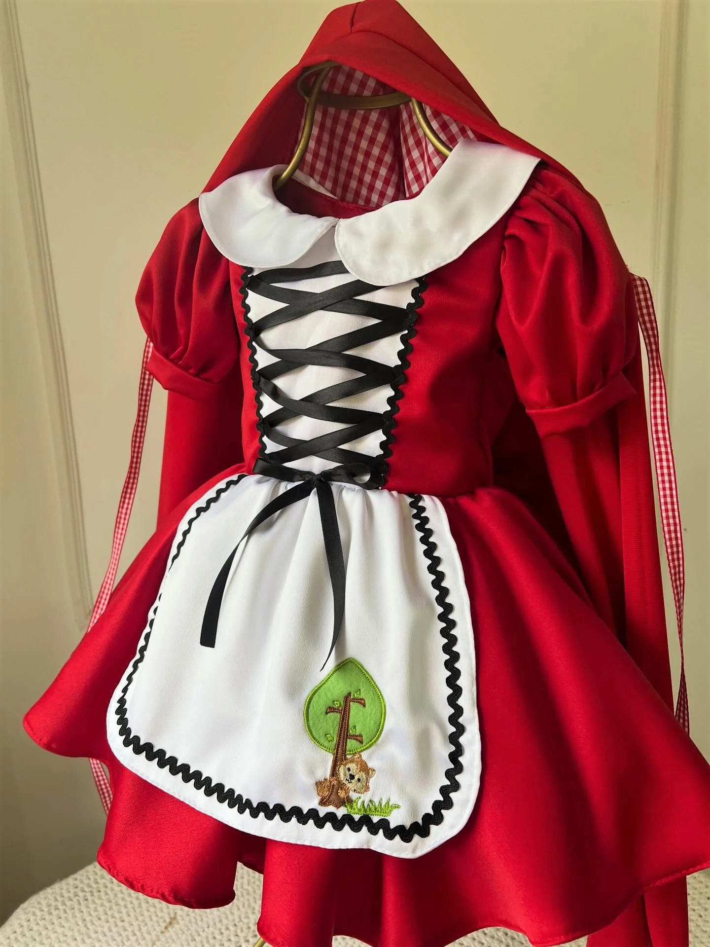 Summer Girls Squirrel Tree Embroidery Retro Strap Cloak Red Dress For Casual Party Birthday Wedding Photography