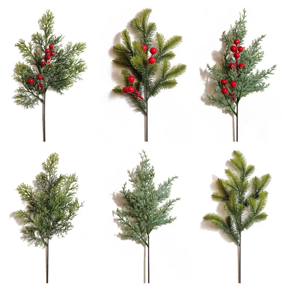 Rama de pino Artificial verde, árbol de Navidad, hojas de bayas rojas falsas de plástico, decoración del hogar, suministros para fiestas, planta verde realista