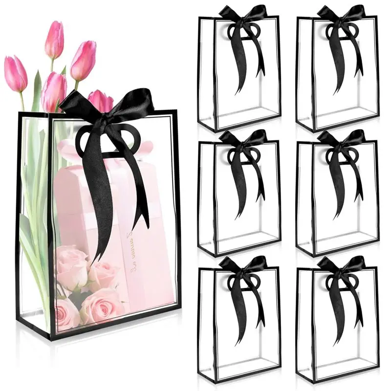 AEE6-20Pcs Clear Plastic Gift Bag With Die Cut Handles Reusable Flower Candy Bag With Ribbon