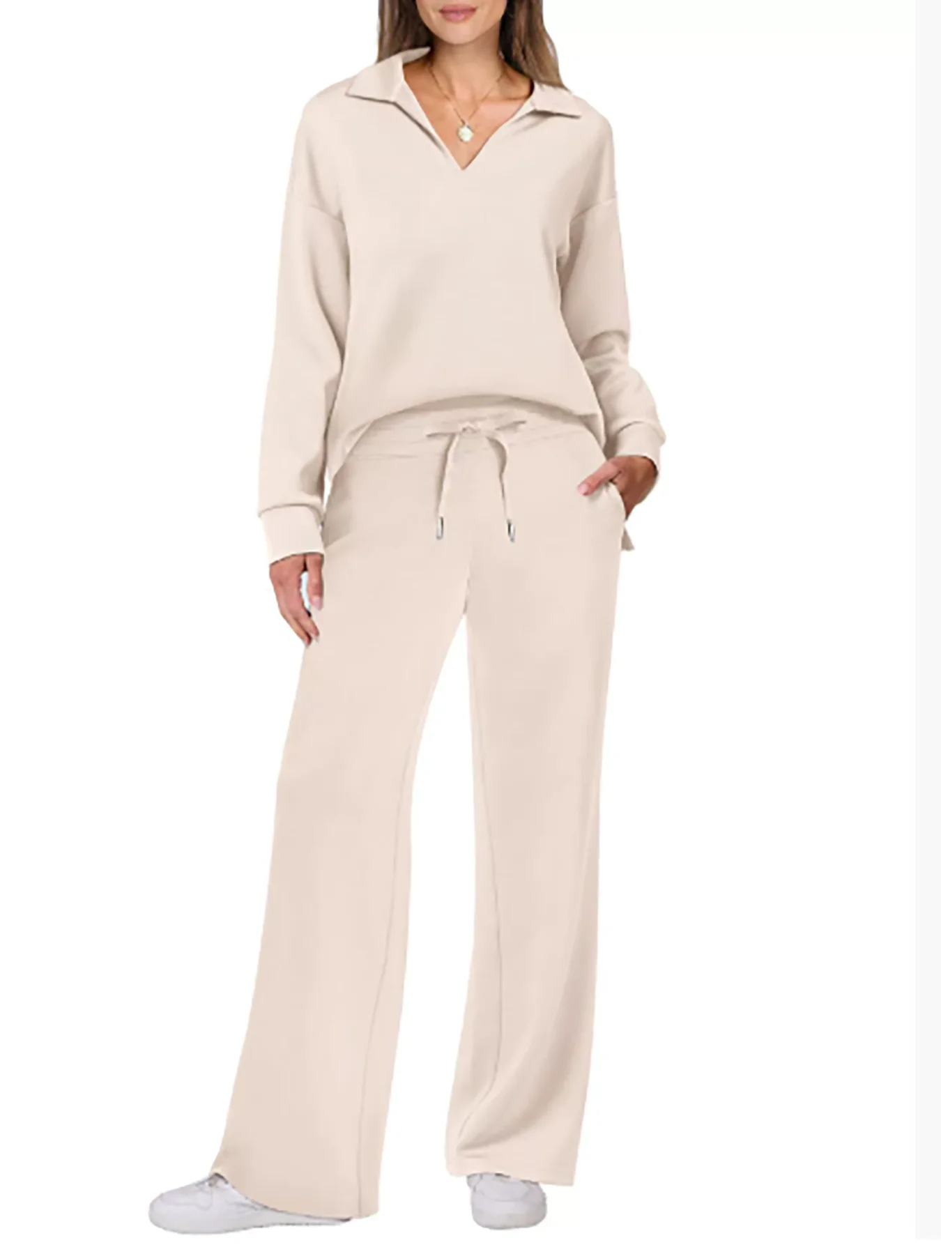 2025 European and American Autumn and Winter New Fashion Casual Women's Long Sleeved Drawstring Solid Color Commuting Pants Set
