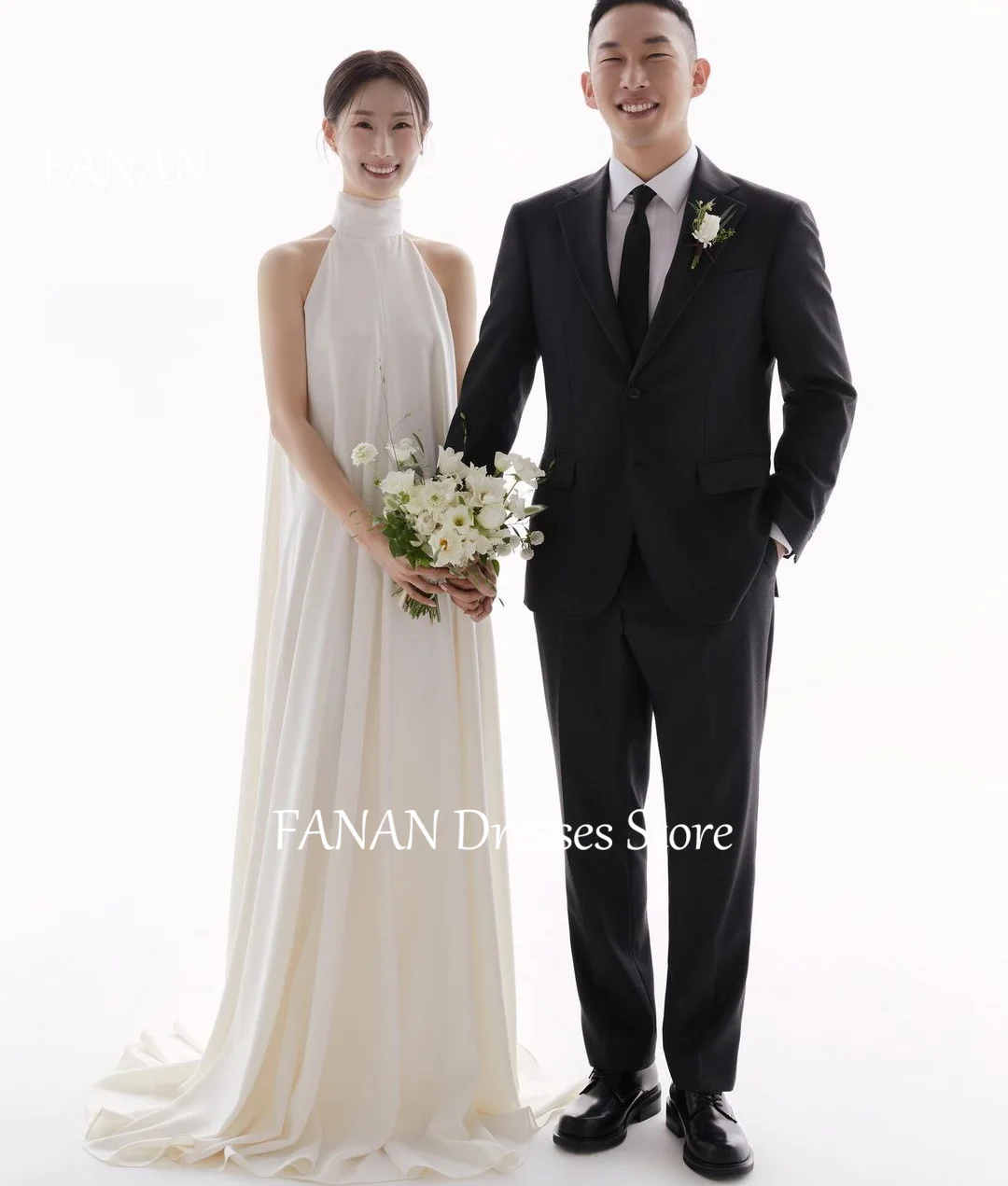 

FANAN Korea High Neck Sleeveless Ivory Wedding Dresses 웨딩드레스 Ivory Satin Zipped Vintage Custom Made Bride Gowns Plus Size