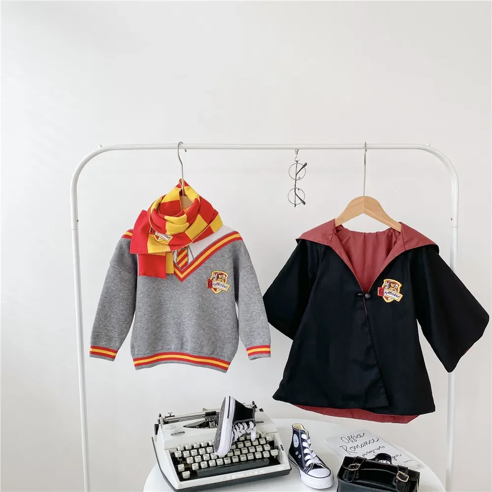 Disfraz de Harry Potter para niños, traje de tres piezas, Túnica, capa, Gryffindor, suéter, bufanda, regalo de Halloween, Otoño e Invierno