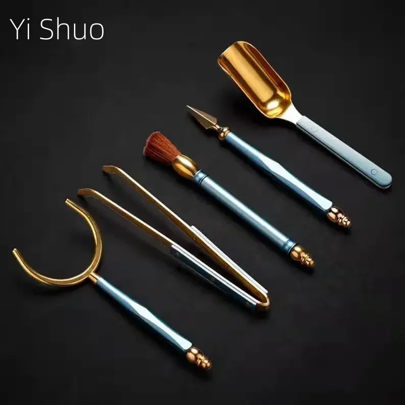 Copper and Aluminum Tea Ceremony Five-Piece Set Tea Spoon Tea Pin Cup Pen Tea Clamp Set Color Aluminum Set Tea Accessories