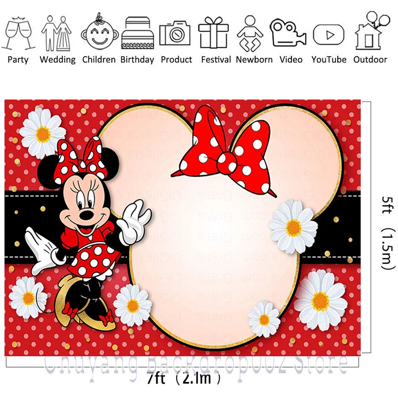 Disney Red Minnie Mickey Mouse Flower Backdrop Photography Birthday Background Party Supplies BornBaby Boys Girls Decoration