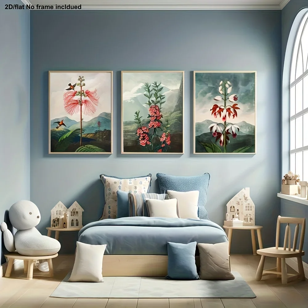 Large-sized frameless  3pcs, Decorative Paintings, 2D Flat UnCanvas Art, Flora Temple - 3 Floral Prints (Botanical Art b