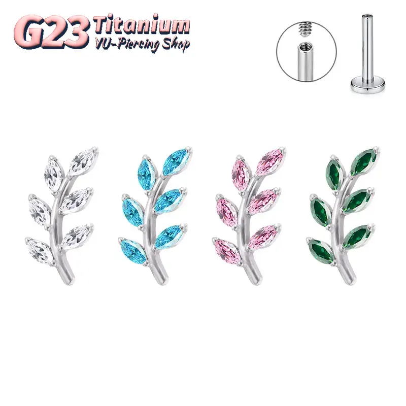 

1Pc G23 Titanium Cartilage Earrings Lip Labret Stud Leaf Zircon Helix flower Cz Ear Tragus Piercing with Inner Threaded Jewelry