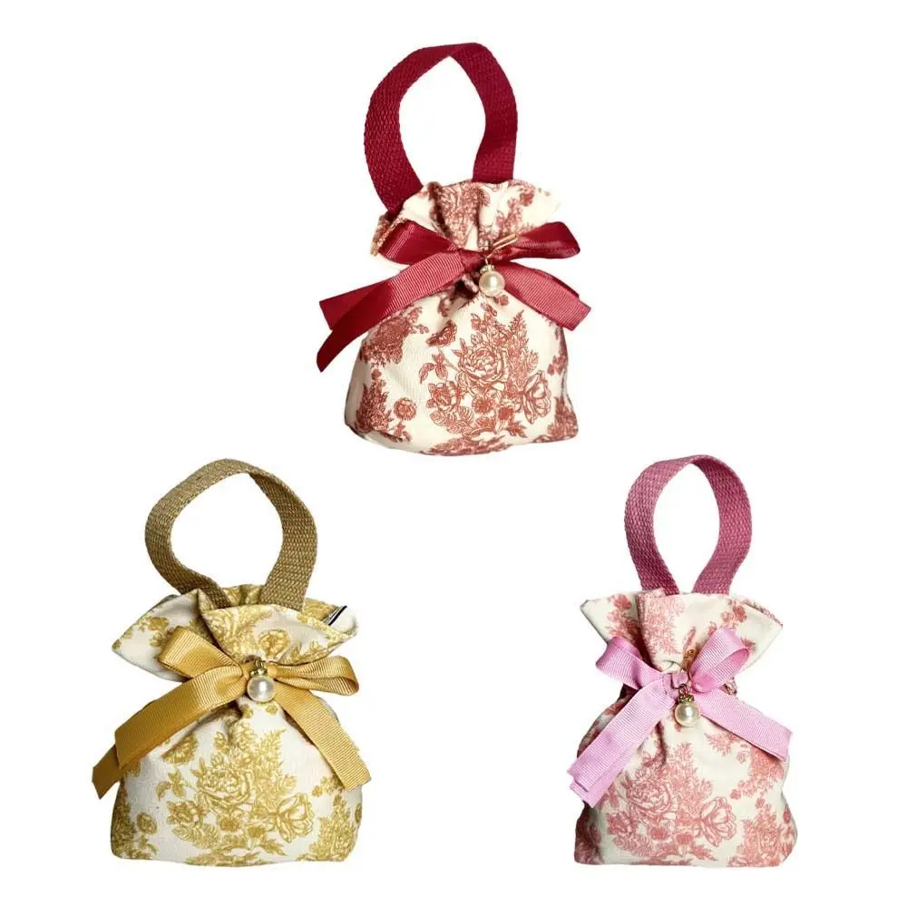 Saco de cordão floral de lona de cetim, pingente de pérola, fita bolsa bowknot estilo coreano, carteira de grande capacidade