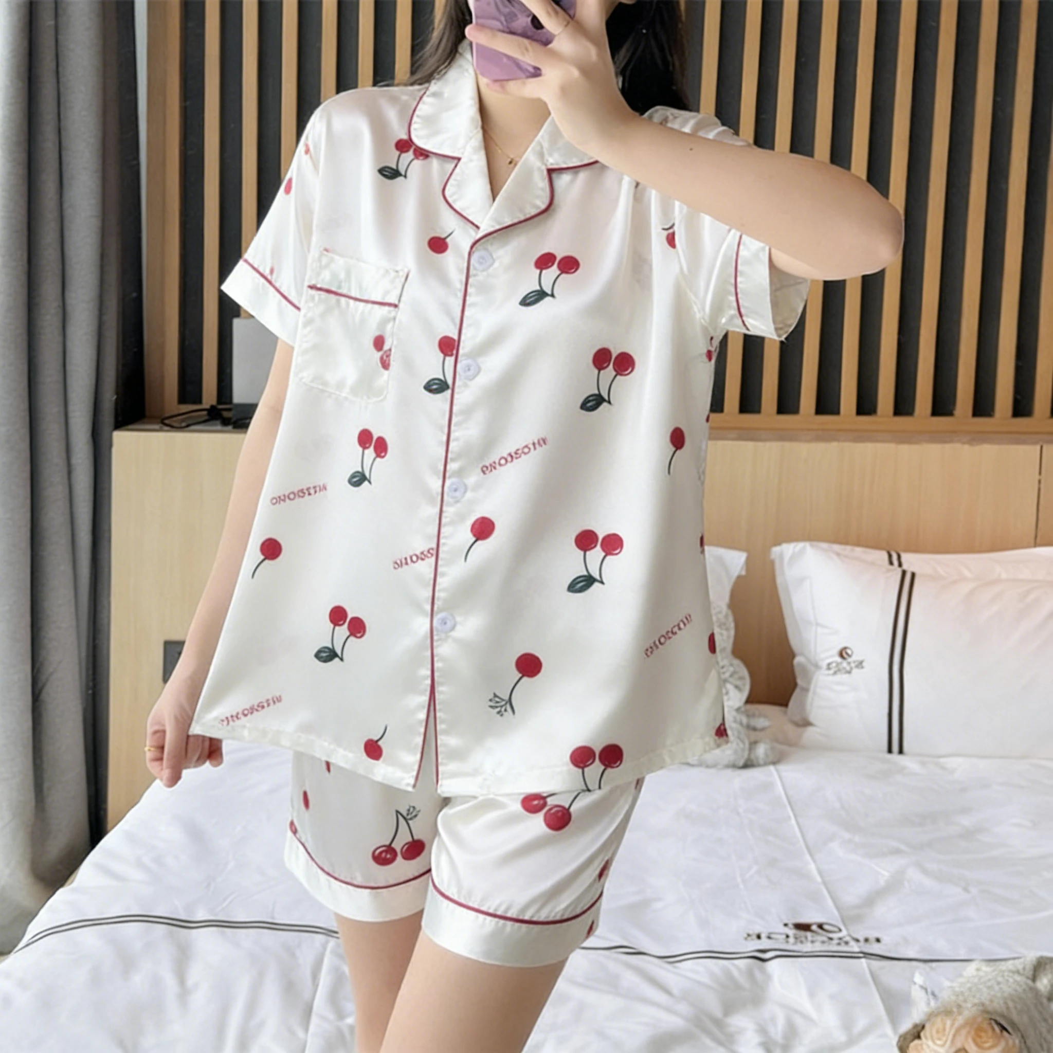

Cherry Print Two Pieces Pajamas Set Summer Faux Stain Pajamas Fashion Home Clothes Ladies Casual Shorts and Top Set Pijamas