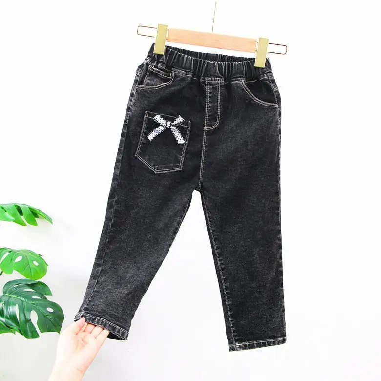 Calça comprida de elástico infantil, calça jeans larga feminina, calça infantil média e jovem, versão coreana, nova, para primavera e outono