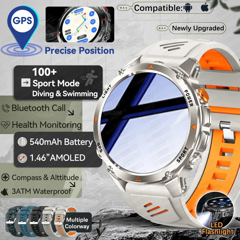 2025 جديد 1.46 "AMOLED GPS ساعة ذكية الرجال 3ATM السباحة ساعة 100 + وضع الرياضة بلوتوث دعوة معدل ضربات القلب الرياضة أساور لياقة بدنية النساء