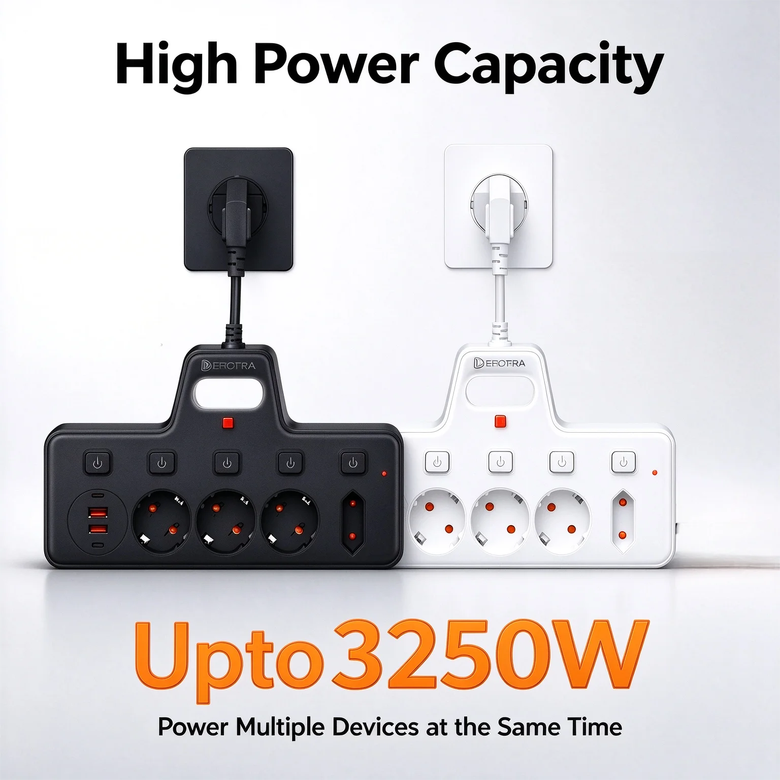 EU Plug 3250W Wall Socket Extender T Shape Multi Outlets Power Strip with Individual Switches And USB Ports No Cord Power Adapte