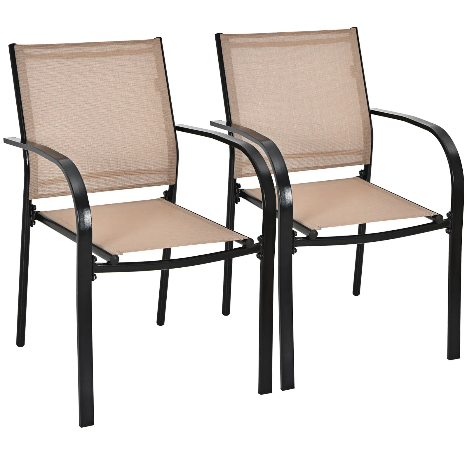 Set of 2 Patio Dining Chairs Stackable with Armrests Garden Deck Brown