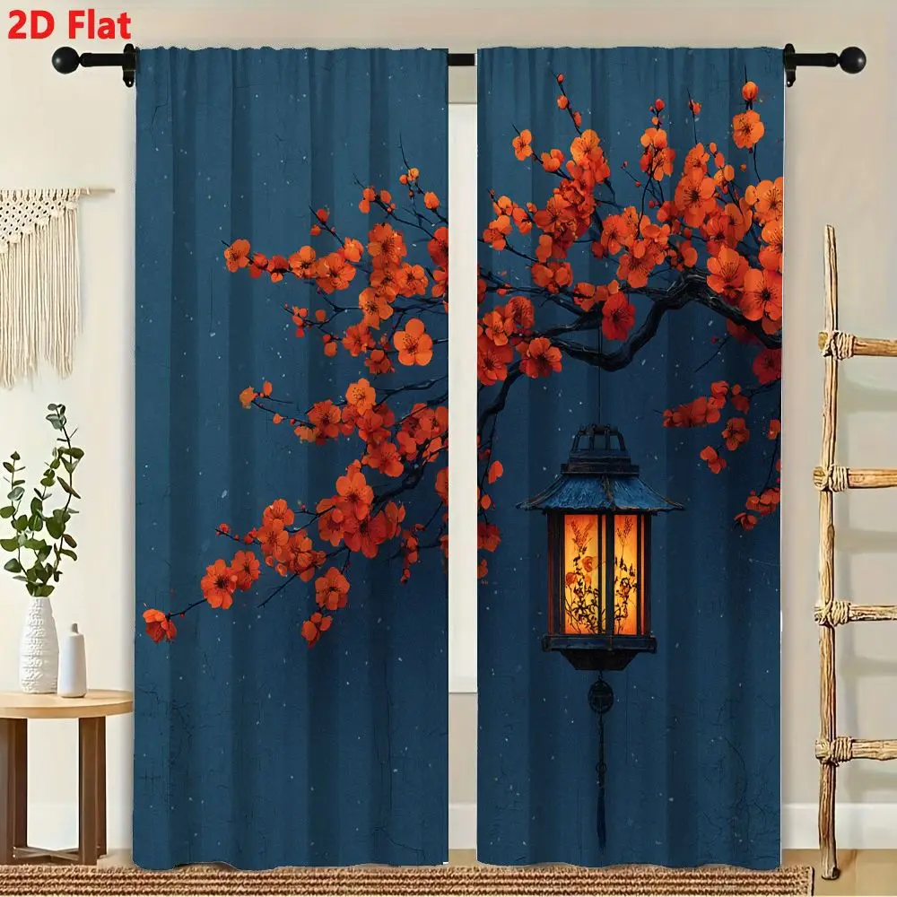 2Pcs Curtain Plum Blossom Branch And Lantern Window Drapes For Bedroom Living Room Decoration Window Treatment.