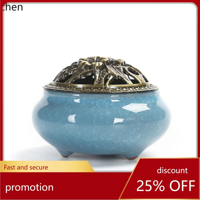 

Cz ceramic incense burner copper cover buddhist supplies antique alloy incense sandalwood agarwood incense ice crack kiln
