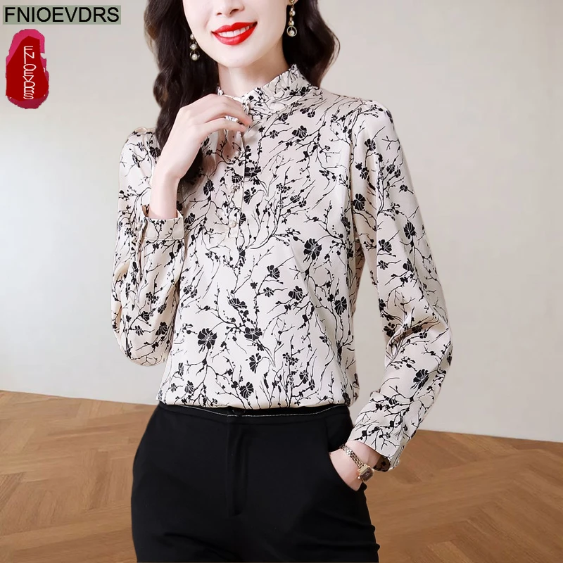 

Базовые офисные рубашки, базовые женские рубашки 2025 года с длинным рукавом, элегантные рабочие женские блузки с цветочным принтом в стиле ретро, винтажные блузки с воротником-стойкой и оборками