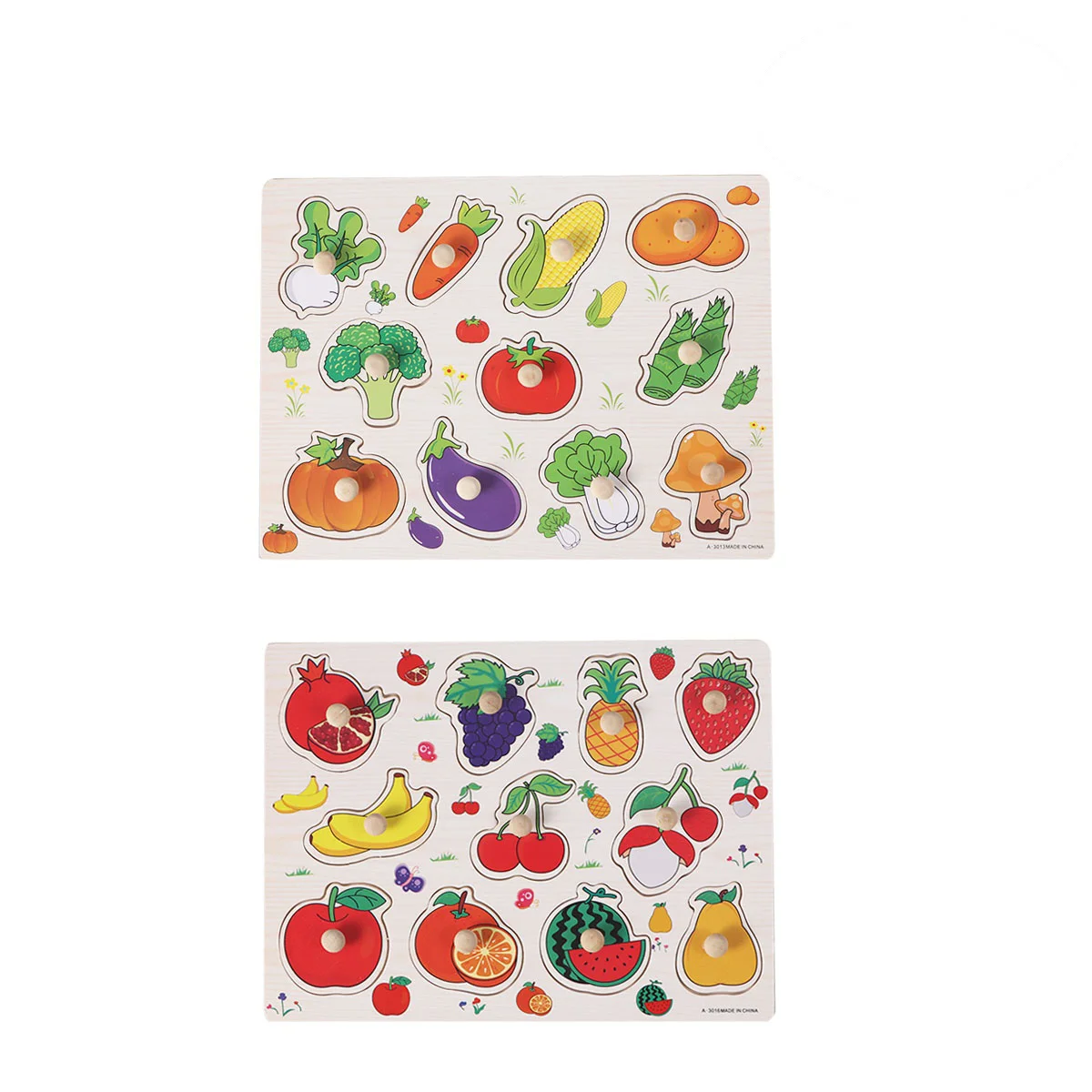 2PCS Wooden Peg Knob Puzzle Fruit and Vegetable Preschool Early Educational Toy for Baby Toddler knob puzzles