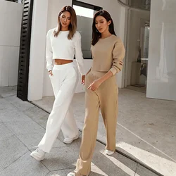 2024 Women's Two Pieces Pant Sets Crop Top Full Length Pants Mujer Outfits Loose Fit Solid Color Knitted Cotton 2 Pieces Sets