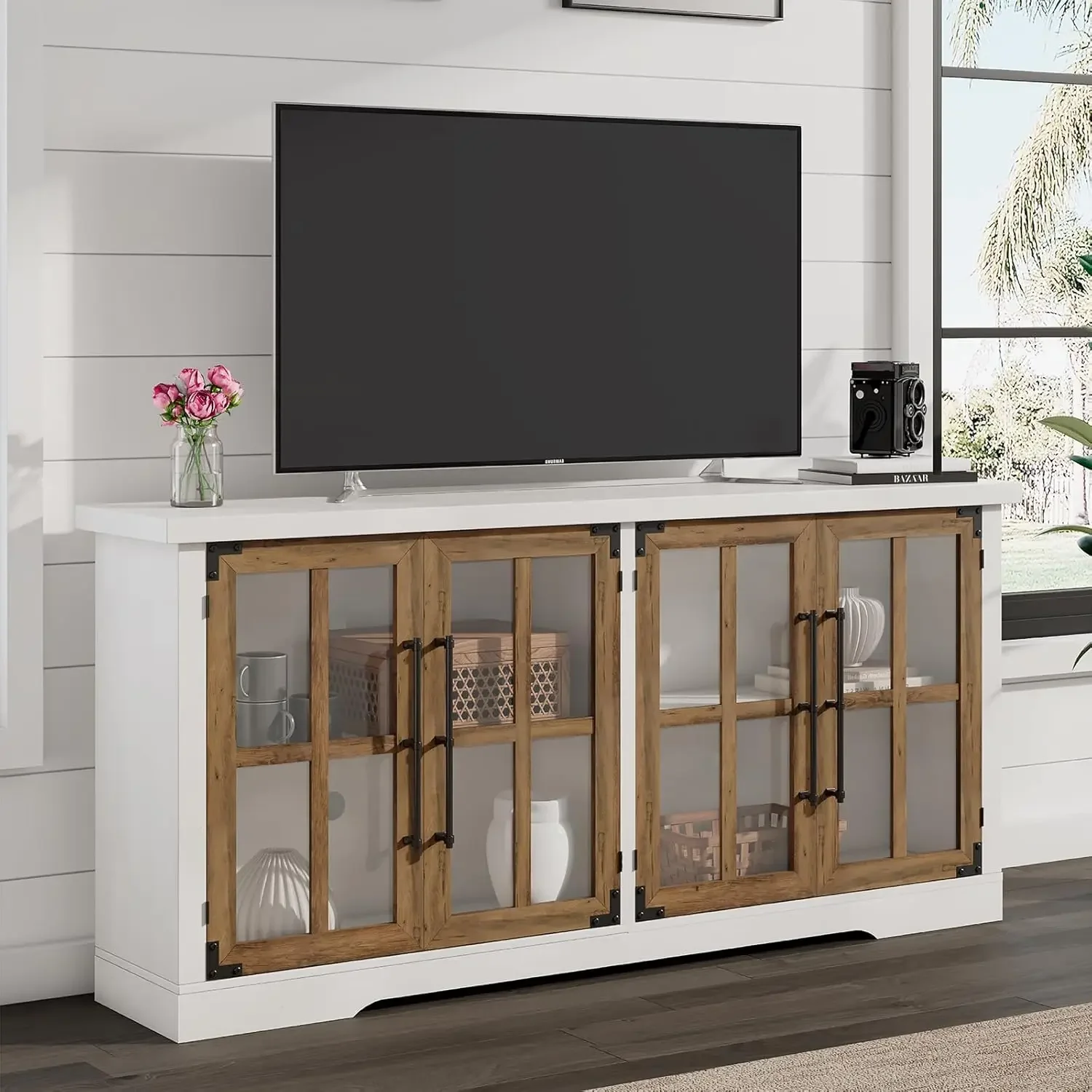 

63" Farmhouse TV Stand with 4 Glass Doors, Modern Buffet Sideboard Cabinet with Storage, Entertainment Center with Adjustable