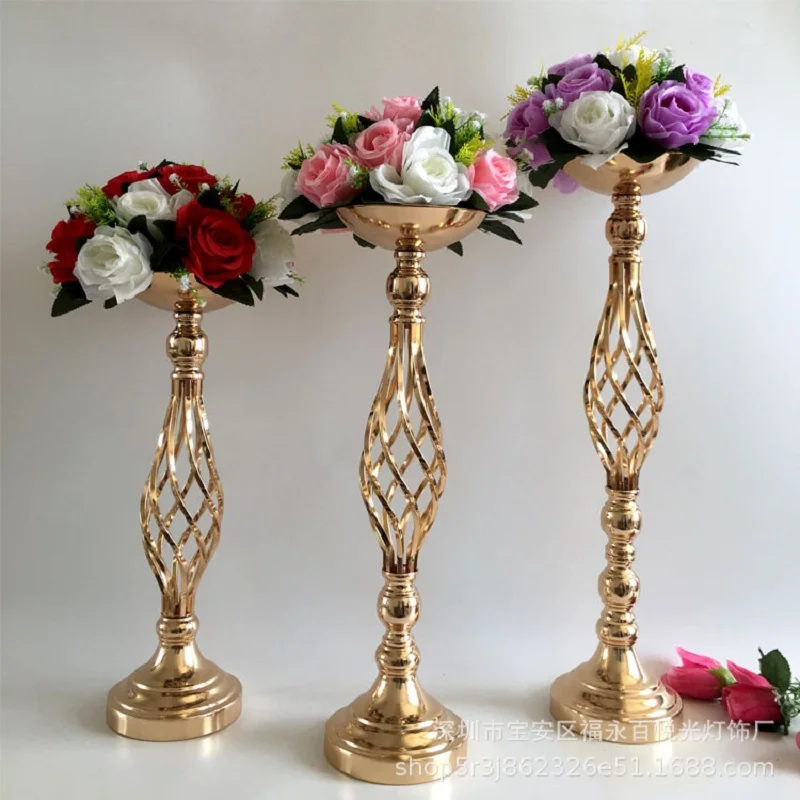 Gold Flower Vases Candle Holders Rack Stands Wedding Decoration Road Lead Table Centerpiece Pillar Party Event Candlestick