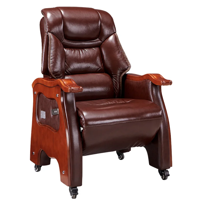 Modern Electric Boss Chair with Solid Wood Armrests and Reclining Foot Pad Genuine Leather for Office or Home Use