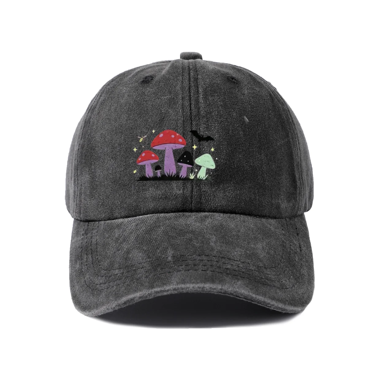 Colorful Mushroom Garden Graphic Baseball Cap, Vintage Washed Adjustable Unisex Dad Hat, Casual Gift
