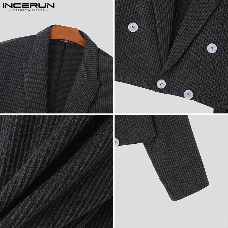 INCERUN Tops 2024 American Style Fashion New Men Contrast Striped Cropped Suit Coats Casual Streetwear Long Sleeved Blazer S-5XL