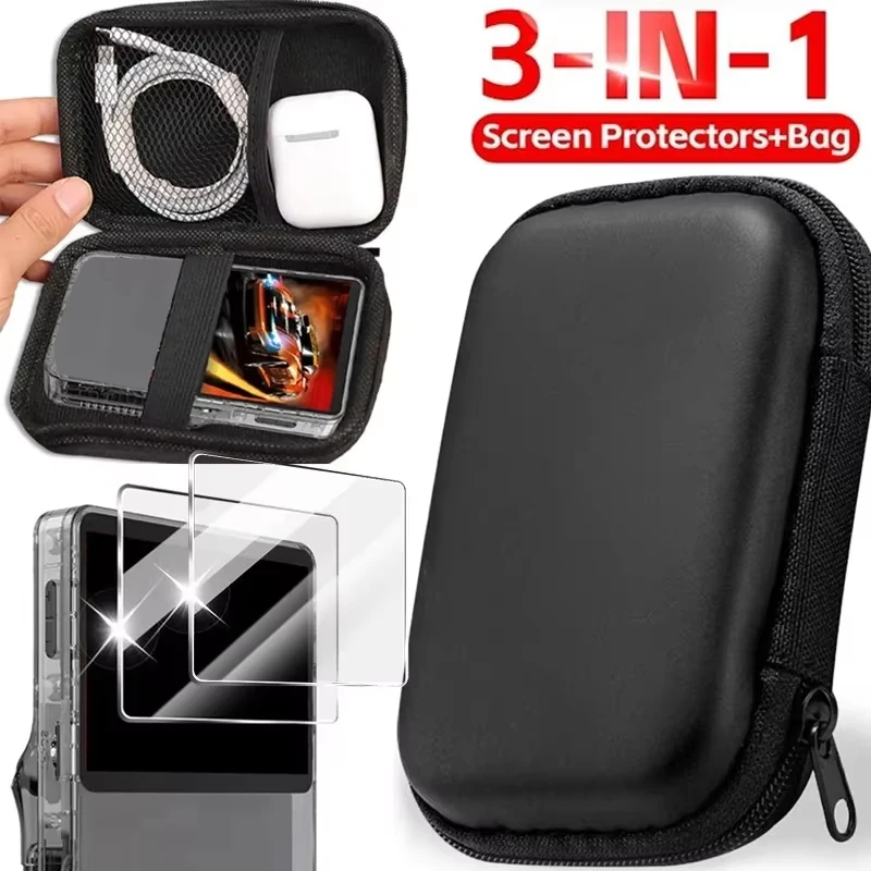 3 IN 1 Tempered Glass Screen Protectors for R36S Game Console Hard PC Storage Case EVA Zipper Carrying Protective Bag with Films