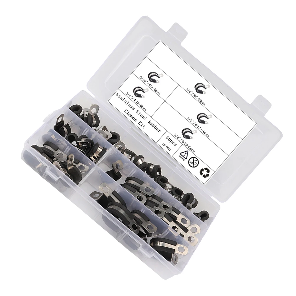 

50 Pieces Stainless Steel 304 Cable Clamps Rubber Strip R Shape for Hose Pipe Cable Management Assortment Kit Home Use